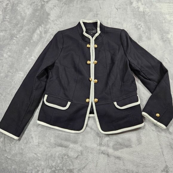 Talbots Blazer Womens 14 Black Military Stretch White Trim Preppy Jacket - Picture 2 of 12